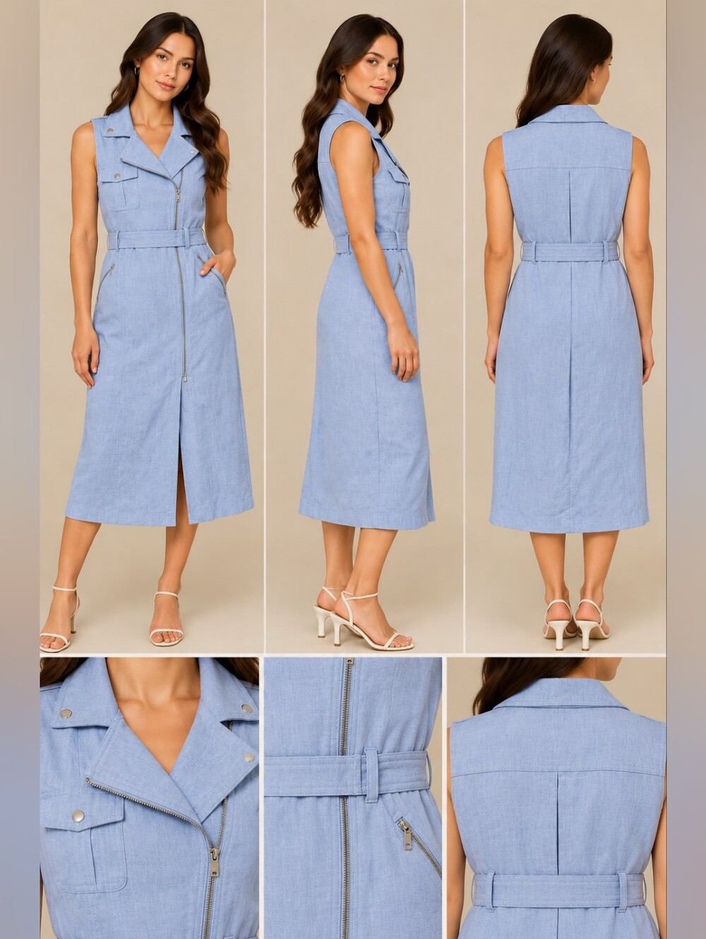 Calvin Klein Light Blue Sleeveless Zip-Front Midi Dress